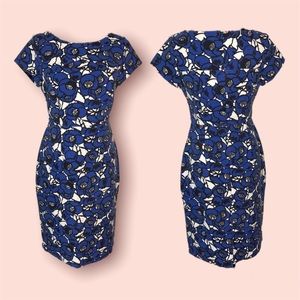 TALBOTS Blue & White Floral Ponte Fitted Midi Dress
